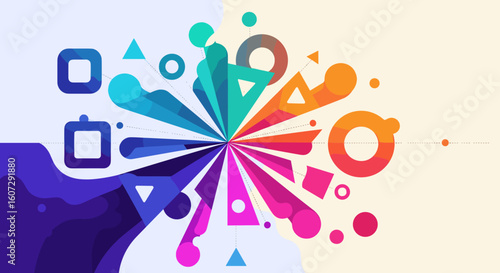 Colorful abstract shapes exploding outwards on a light background