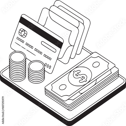 Financial planning and investment strategy illustration with credit cards, cash and coins design