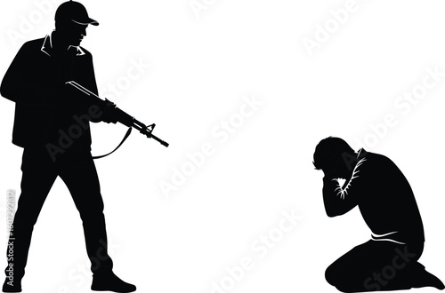 Silhouetted rifle figure and distressed kneeling person, emotional conflict, power imbalance scene, cad drawing flat vector illustration