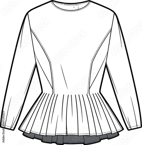 Elegant women's pleated peplum blouse design, long sleeve top fashion sketch, modern garment flat illustration, stylish clothing template, apparel outline