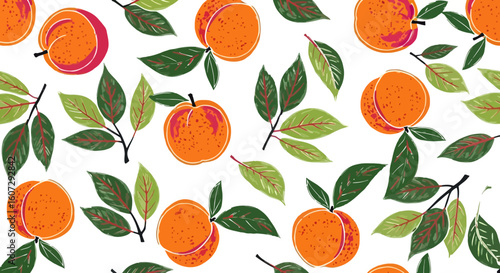 Hand-drawn seamless pattern of ripe peaches and leaves. Summer fruit botanical illustration, vibrant orchard harvest background.
