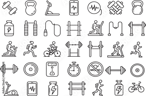 Fitness and Exercise Equipment Icons Depicting Gym Gear, Cardio Machines, Weights, and More for Health and Wellness
