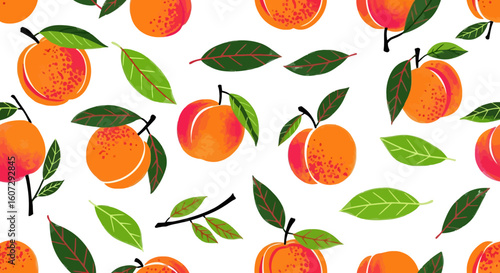 Vibrant peach fruit seamless pattern with green leaves. Fresh summer apricot illustration on a white background for textile or wallpaper.