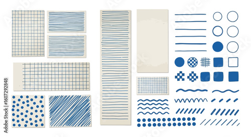 A collection of hand-drawn blue graphic elements. Includes doodle patterns, geometric shapes, and note paper textures for design.