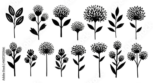 A minimalist collection of black silhouette flower icons. Set of stylized abstract botanical illustrations and decorative floral elements.
