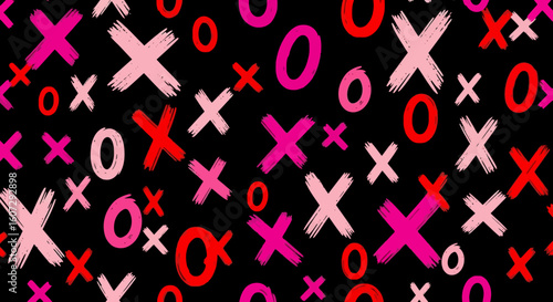 Hand-drawn XOXO seamless pattern with brush stroke texture. Abstract romantic background with pink and red hugs and kisses symbols.