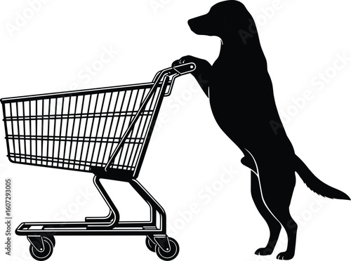 Humorous silhouette of dog pushing empty shopping cart, anthropomorphic activity scene, cad drawing flat vector illustration, pet behavior concept