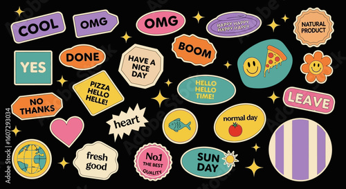 A vibrant collection of retro Y2K style stickers and patches. Vector graphic set with fun phrases and cute cartoon elements.
