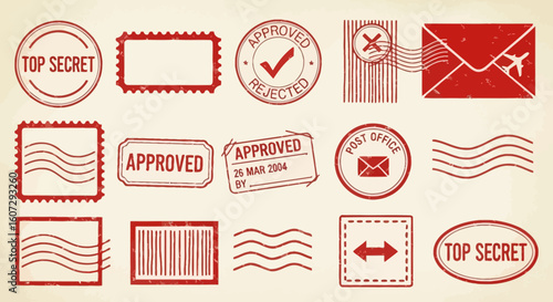 Collection of Red Rubber Stamps Featuring 'Top Secret', 'Approved', 'Rejected', and Post Office Designs for Mailing and Official Documentation