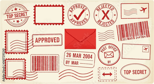 Assorted Rubber Stamp Seals Collection Approval, Rejection, Post, and Secret Messages