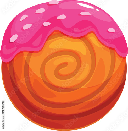 Cartoon style round pastry features pink icing with white sprinkles atop a swirling orange base, creating a visually appealing treat