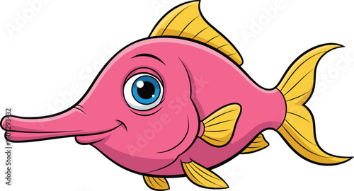 Whimsical cartoon pink fish with yellow fins and blue eye, smiling aquatic character, cad drawing flat vector illustration