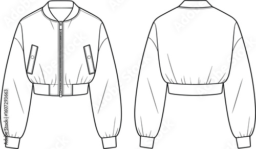 CAD drawing flat vector illustration of cropped bomber jacket front and back view, technical sketch, fashion outerwear with flap pockets, zip-up style