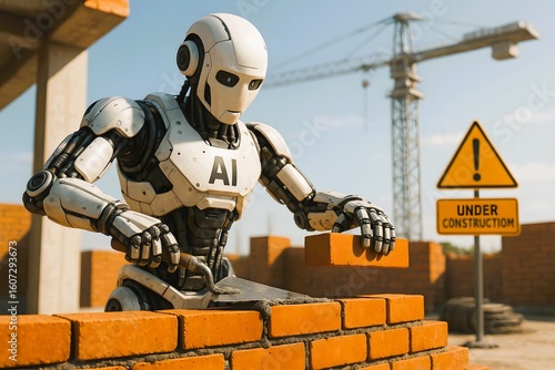 Advanced AI Construction Robot Building Brick Wall on Active Worksite with Crane and Warning Sign in Background | Concept of Artificial Intelligence in Manual Labor, Automation in Construction
