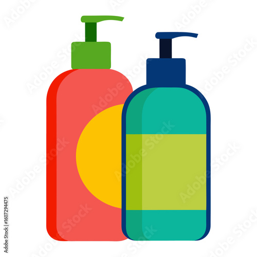 Colorful shampoo and conditioner bottles vector graphic