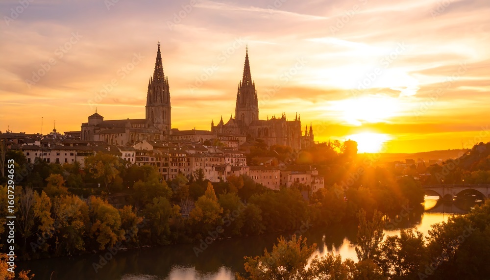Obraz premium Cathedral at sunset over a city