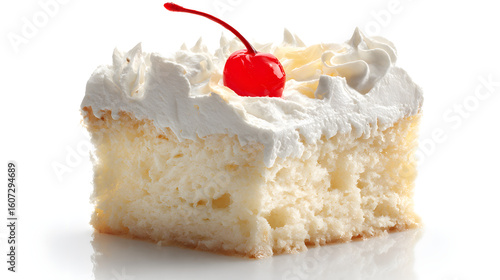 Isolated Slice of Tres Leches Cake with Whipped Cream and Cherry on a Pure White Background