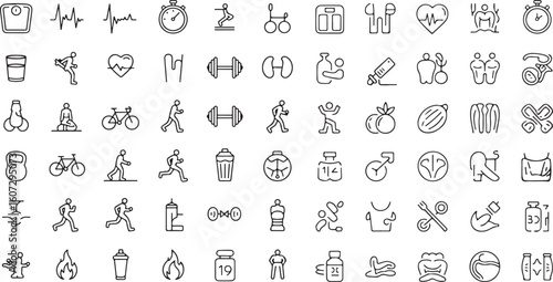 Collection of Black and White Fitness Icons Representing Health Wellness and Exercise Routine for Design Elements in Health and Nutrition Contexts