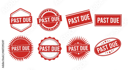 Diverse Collection of Red Past Due Rubber Stamp Icons, Perfect for Illustrating Urgent Financial Reminders, Overdue Invoices, and Important Payment Deadlines.