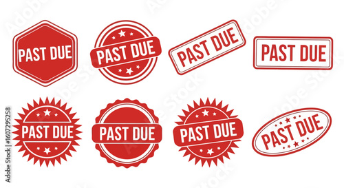 Collection of Red Past Due Stamps and Labels on White Background, Business Finance Concept