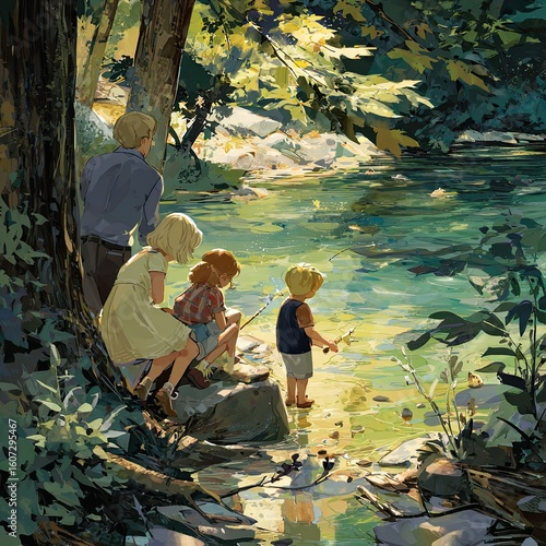 Family of four by a serene stream 2