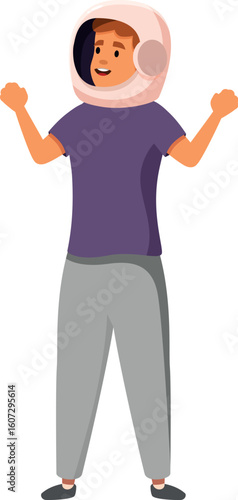 Young astronaut wearing spacesuit celebrating successful space mission with arms raised, expressing joy and accomplishment