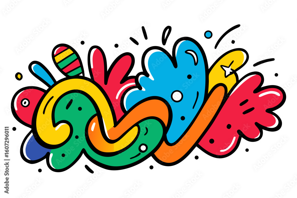 Fototapeta premium Vector Vibrant abstract doodle bursting with joyful, energetic shapes and bright colors no background