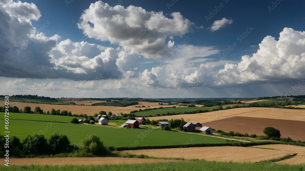 Naklejka premium Rural landscape with rolling fields, farmhouses, and dramatic cloudy skies.
