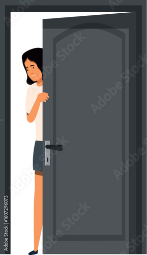Young woman carefully opening door and peeking inside room, expressing curiosity and anticipation