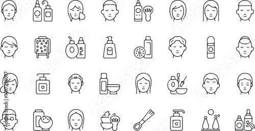 Aesthetic Beauty and Skincare Icons Line Art Emphasizing Personal Wellness and Cosmetic Product Essentials for a Radiant Appearance