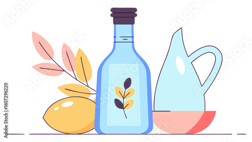 A vibrant still life featuring a decorative bottle, a lemon, and a pitcher, set against a clean white background.