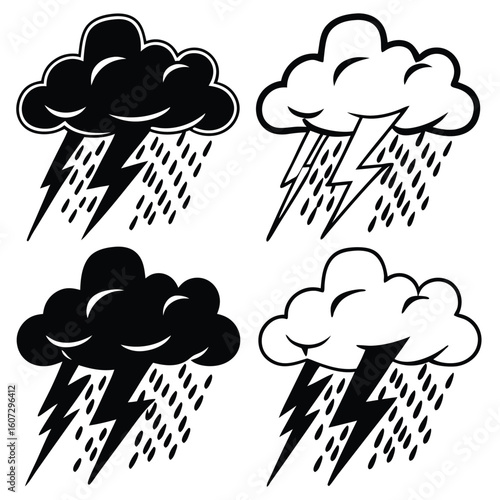 Set of stylized thunderstorm cloud icons with embedded lightning bolts vector format with flat layered and gradient styles varied moods from light drizzle to violent storm