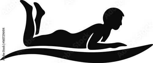 Surfer paddling silhouette on curved surfboard, prone body posture, cad drawing flat vector illustration, wave motion, water sport concept