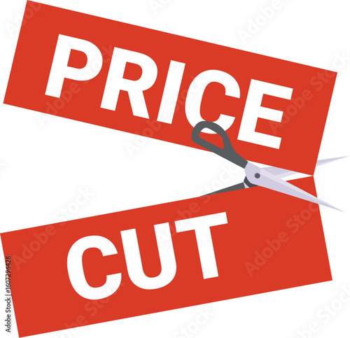 Scissors cutting a price cut sign, great concept for discounts and offers
