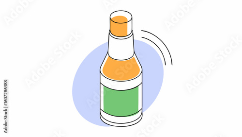 An illustrated bottle of condiment with a green label, filled with orange liquid, designed for versatility in dishes.