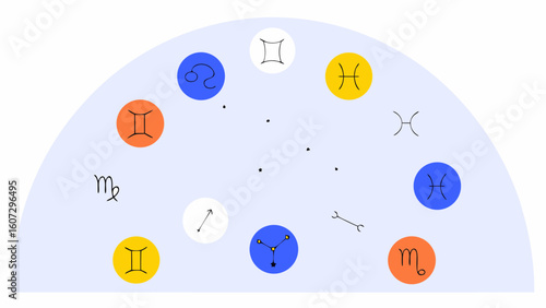 A colorful zodiac wheel featuring astrological symbols in a modern design.