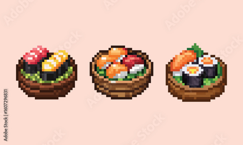 Pixel Art Assorted Sushi Basket Set. A set of three pixel art illustrations of assorted sushi arranged in small baskets or bowls. 
