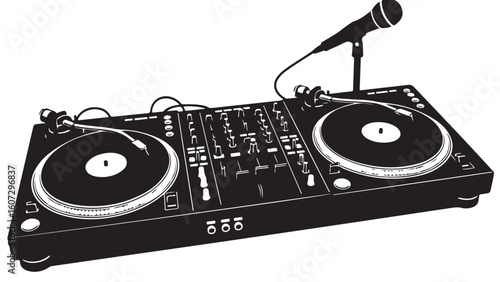 Black and white illustration of a DJ mixer with microphone.