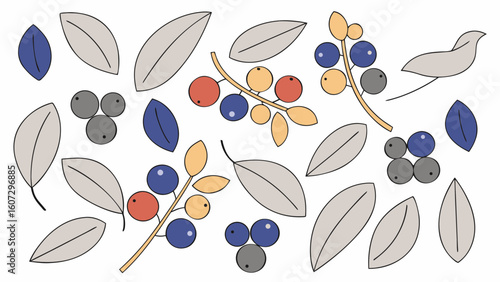 A colorful and abstract pattern featuring berries and leaves in shades of blue, red, yellow, and gray.