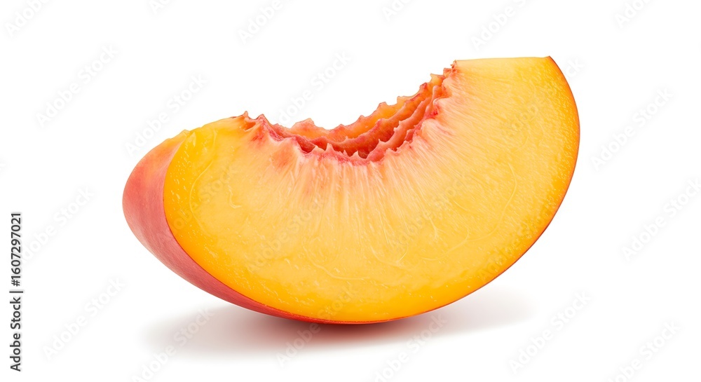 A single slice of a peach with a vibrant yellow and pink hue isolated on a white background surface A single slice of a peach with a vibrant yellow and pink hue isolated on a white background surface