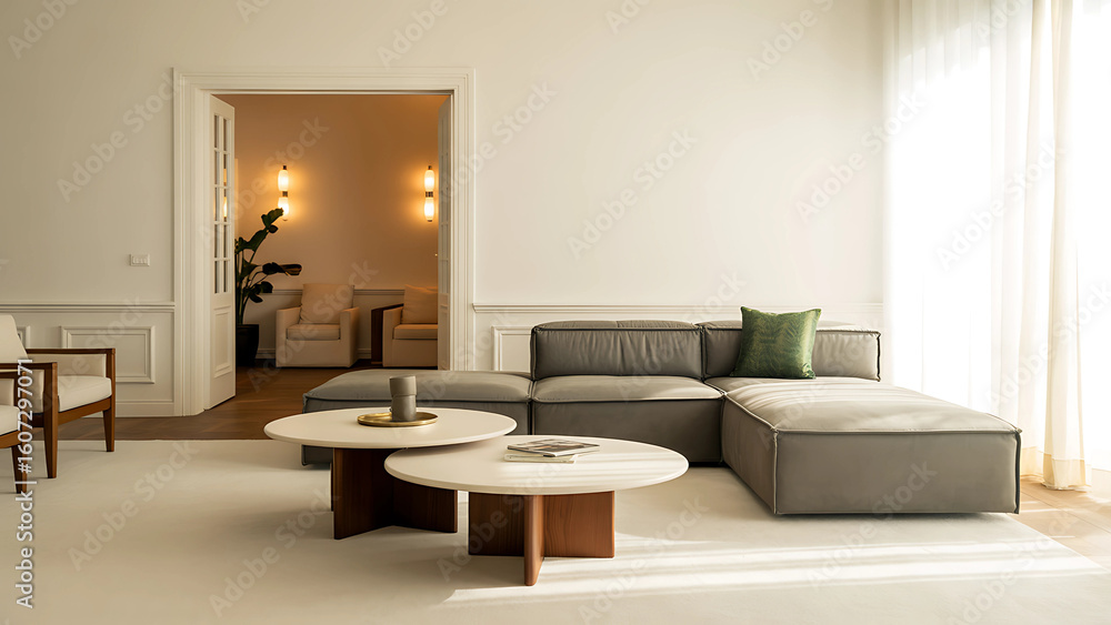 Fototapeta premium Modern living room interior with a grey sectional sofa and round marble coffee tables.