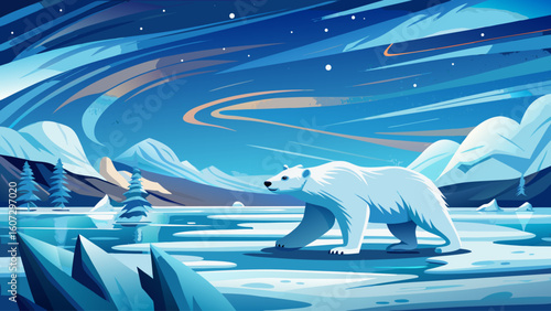 A polar bear walks steadily across a frozen bay, icy wind blowing across the flat white horizon