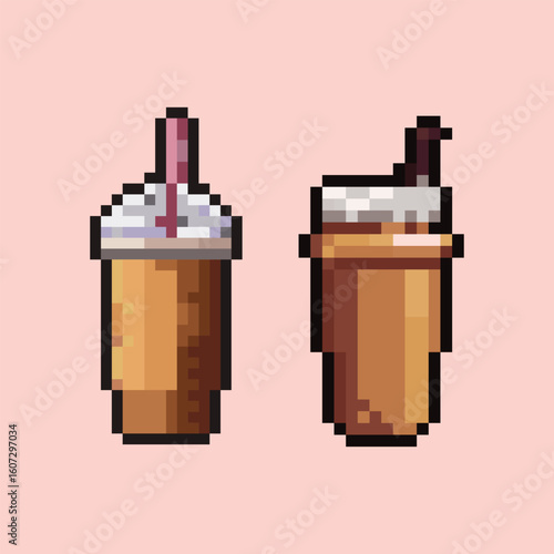Pixel Art Iced Coffee and Bubble Tea Set. A set of two pixel art illustrations of cold beverages, such as iced coffee, milk tea, or bubble tea.