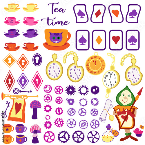 Wonderland vector illustrations. White rabbit, Alice, cat, hat, key, clock, cup of tea and rose, mushrooms and others