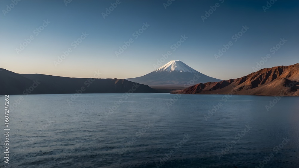 Snow-capped mountain overlooks a vast lake under a clear sky. Snow-capped mountain overlooks a vast lake under a clear sky.