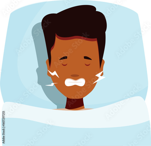 Young man suffering from bruxism, clenching his jaw and grinding teeth at night