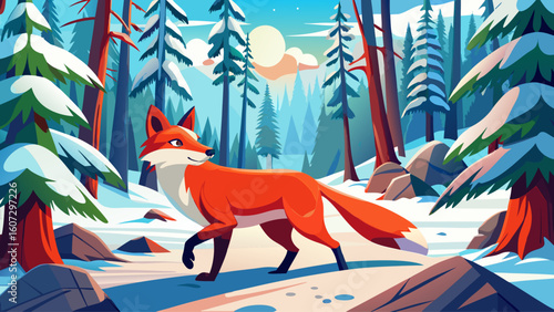 A red fox cautiously steps across a snowy clearing in a dense pine forest, its orange coat vivid against the white landscape