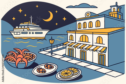 Saranda night scene with ferries docking, neon-lit seafood tavernas, grilled octopus plates and lemon wedges sparkling, modern flat illustration style