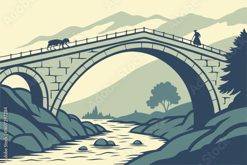 Mes Bridge arching over a clear river, shepherds guiding sheep across, distant mountains softened by evening haze, modern flat illustration style