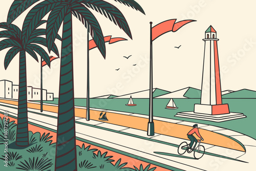 Vlora’s waterfront promenade with palm trees, cyclists, red-black flags fluttering for Independence Day, sea shimmering behind monuments, modern flat illustration style